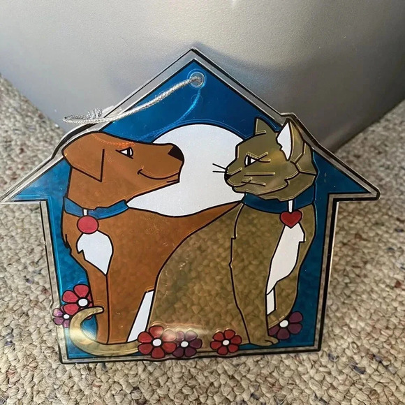 Stain Glass Plastic Cat Dog House 5 inch Christmas Window Ornament Brown Blue - Picture 3 of 4
